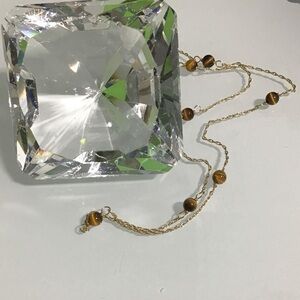 14K Yellow Gold Tiger Eye Station Necklace 14 In Wire Wrap Fine Jewelry Vintage